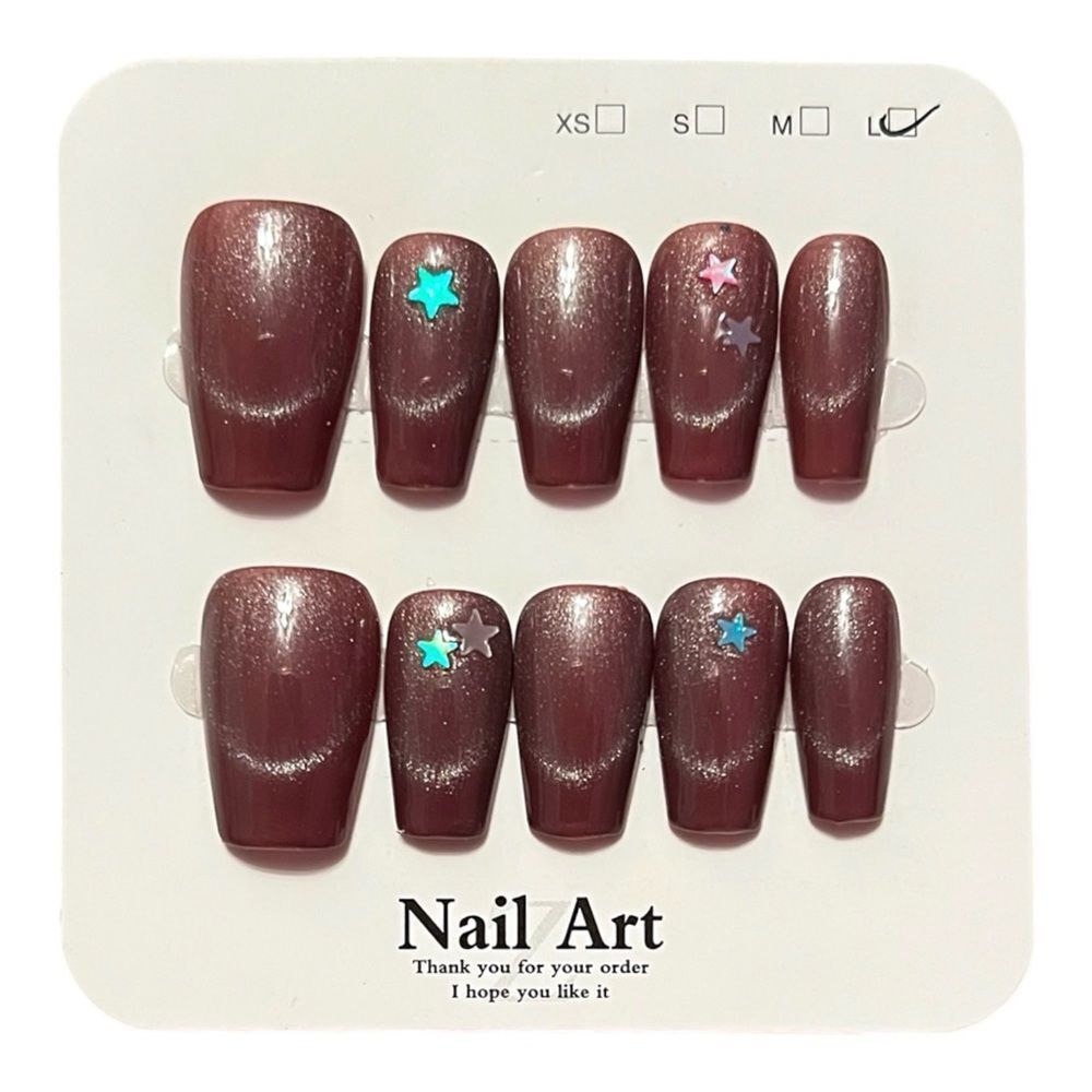 Stylish Handmade Brown Cat Eyes Press-On Nails Size L